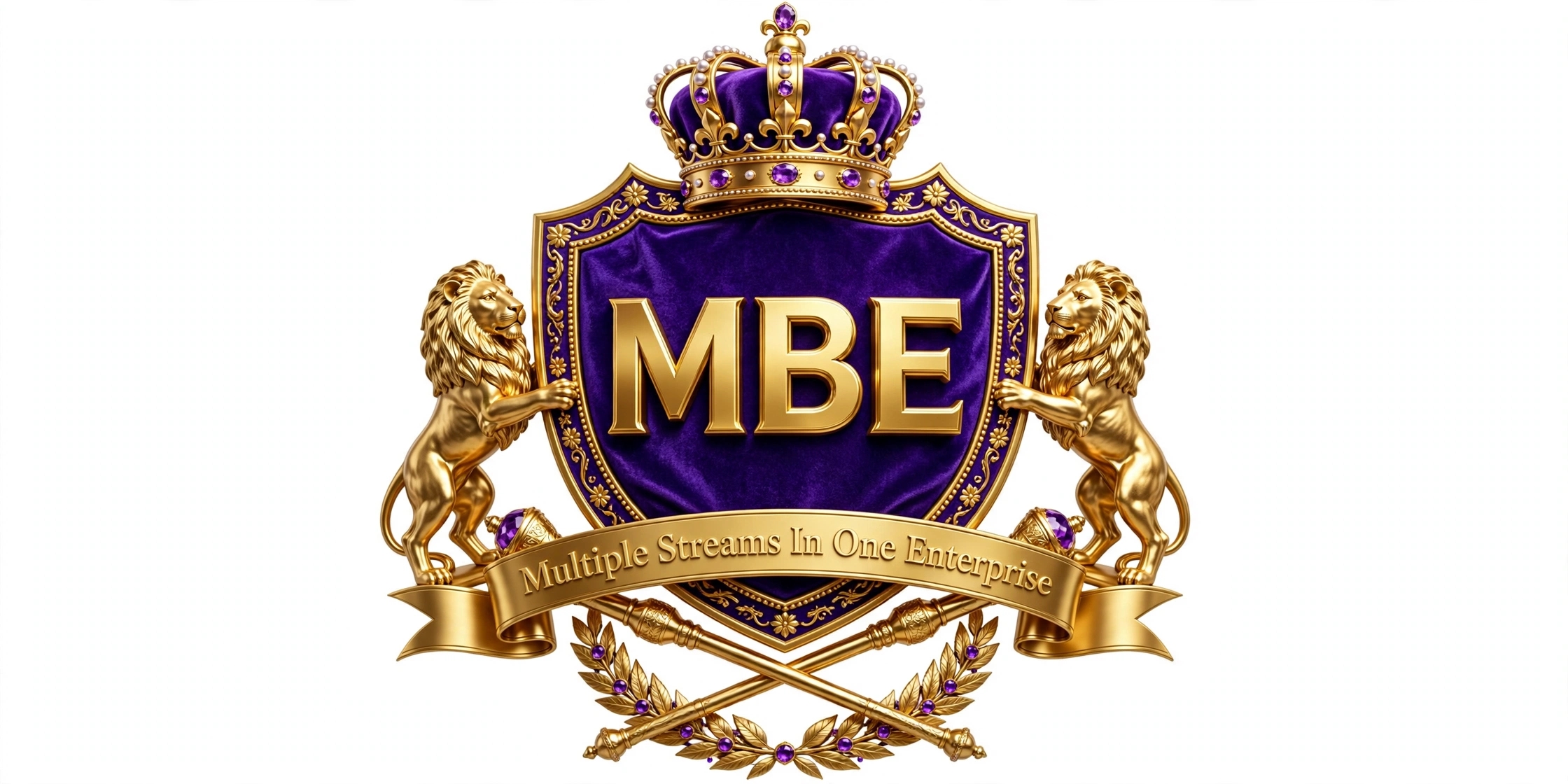 MBE Gold crest, featuring a crown, two lions, and the Multiple Streams In One Enterprise banner